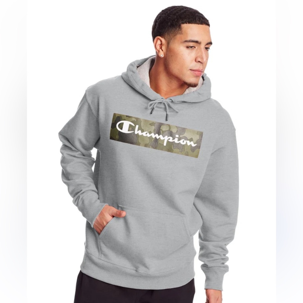 Champion Gray Hoodie with Camouflage Logo